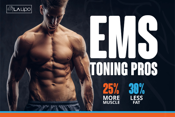 Graphic of man with toned body showing the benefits of LA-EMS Body Sculpting Bootle treatment