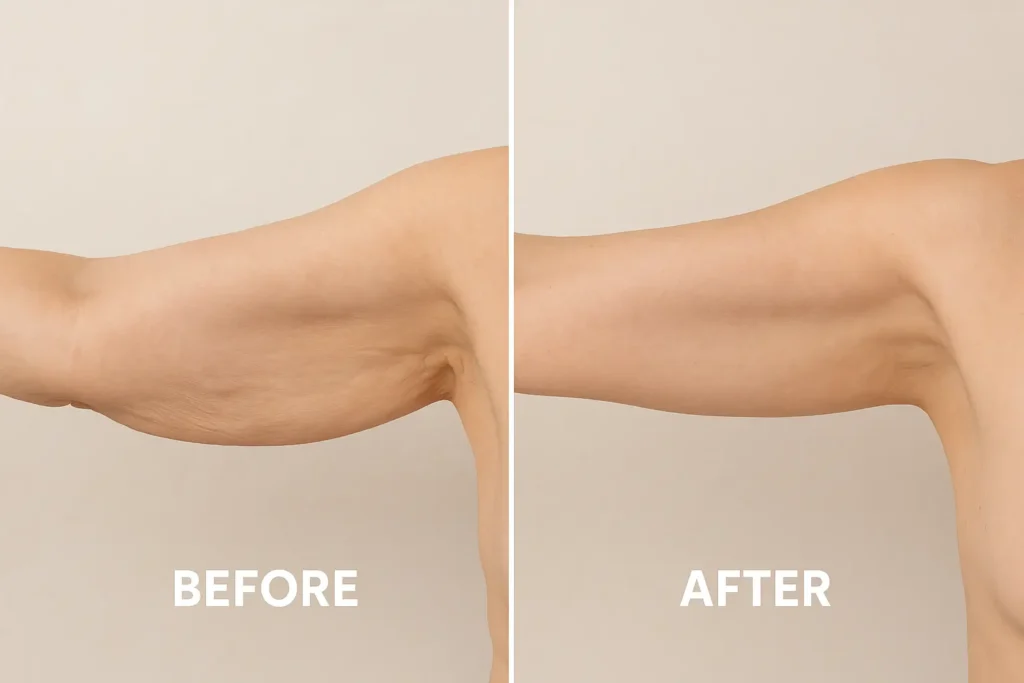 Picture of LA LIPO Bootle before and after results of skin tightening treatment on the upper arms.