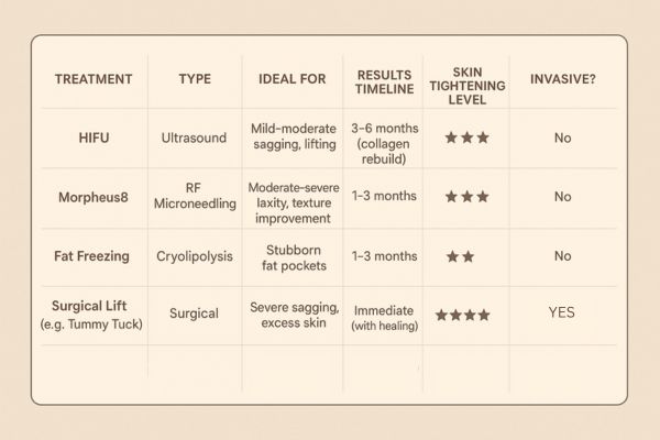 Table showing the comparisons of Skin tightening Bootle treatment options.